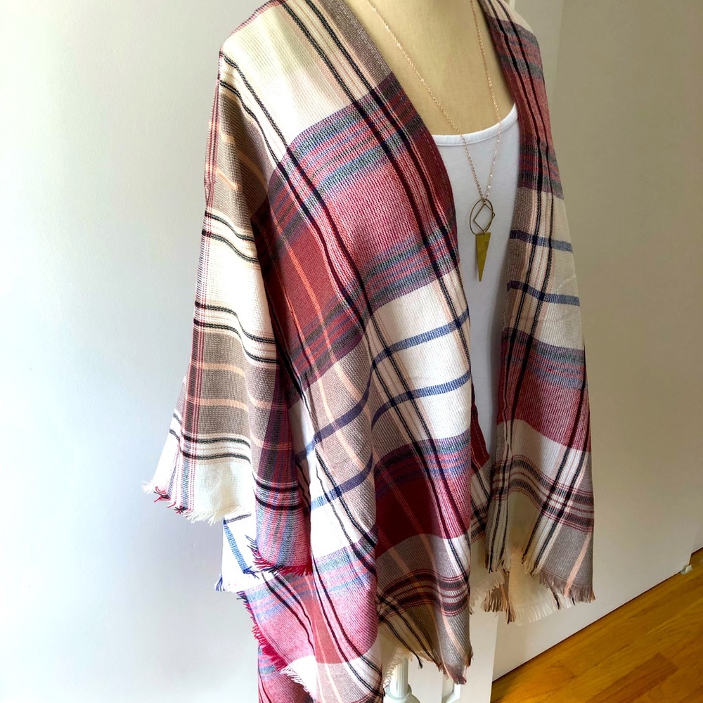 NEW Three Bird Nest Lightweight Cozy Plaid Ruana Wrap, One Size fits 8-18